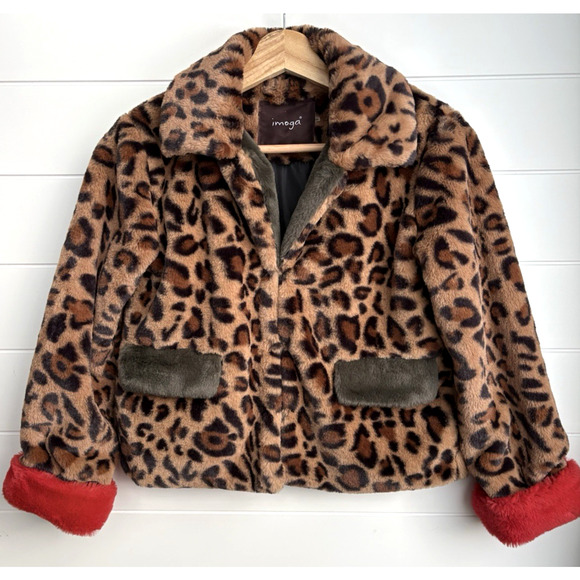 Imoga Other - IMOGA Emma Leopard Faux Fur Coat Girls Size 10 Animal Print Jacket Red Trim